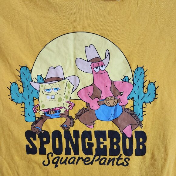 SpongeBob SquarePants Yellow & Brown Graphic Ringer Tee Shirt Cowboy Size S NWT - Picture 2 of 7